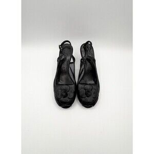 Chanel Black Leather & Mesh Slingback Heels Camelia Flower CC Logo Size EU 35.5